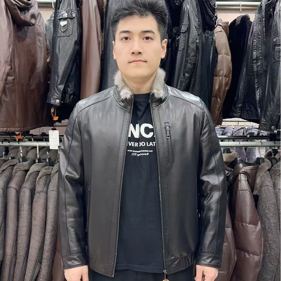 山羊皮银蓝水貂拼貂立领简单时尚夹克皮貂一体男士冬款皮衣