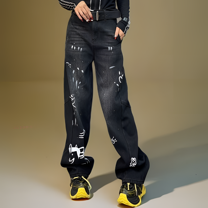 冬季加绒涂鸦牛仔裤设计款
