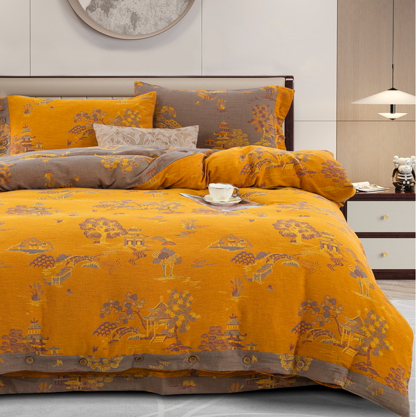 【逸彩之林-黄】色织提花a类 全棉双层纱四件套 温暖居家软舒适四季