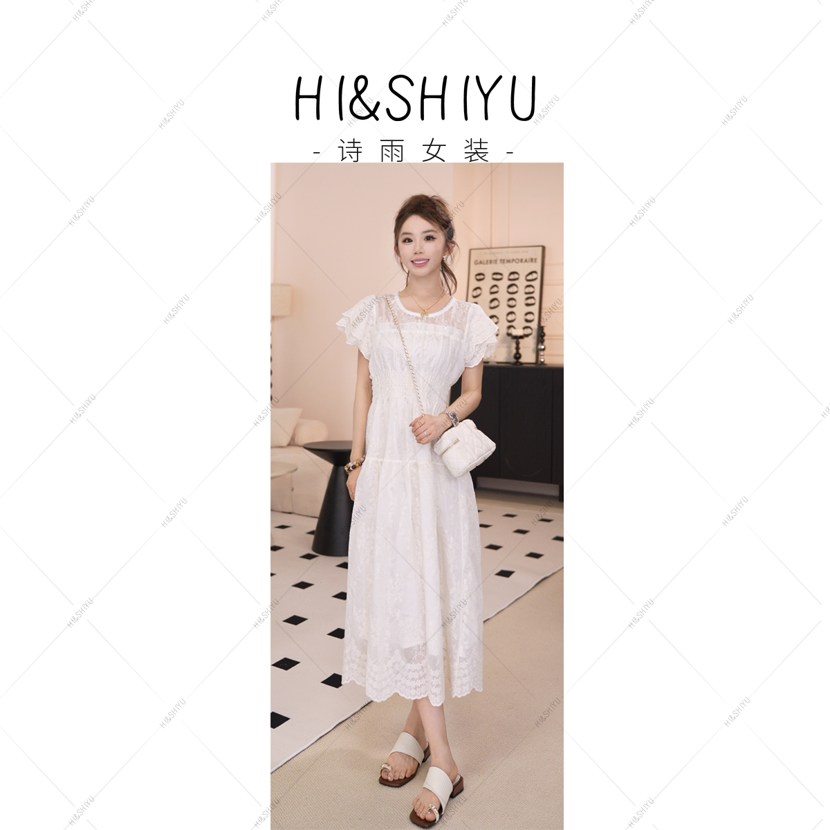 HISHIYU【月光布蕾】气质连衣裙女夏季收腰显瘦长款甜美镂空蕾丝裙