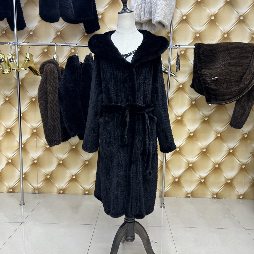 燕子长款水貂连帽外套编织貂上衣女士保暖貂毛衣服加厚双面貂编织