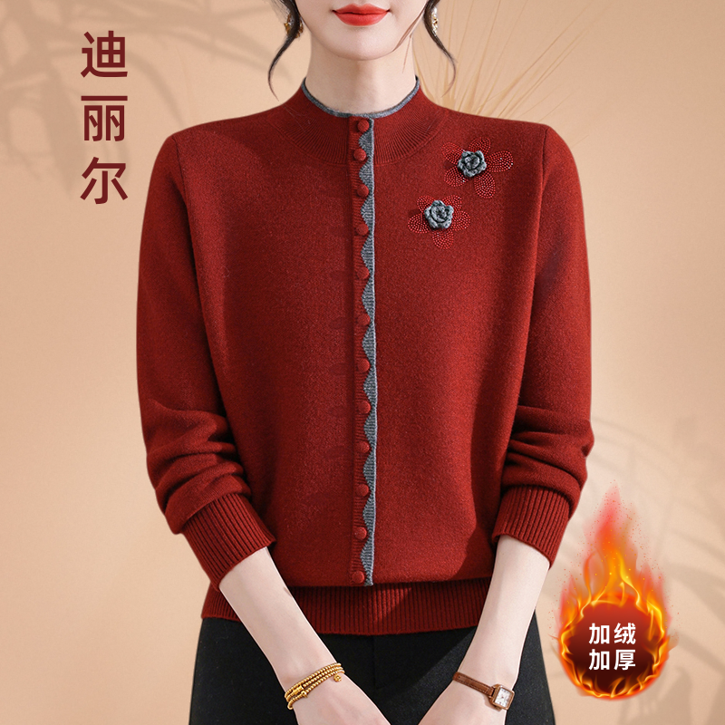 2025冬季新款中老年妈妈装毛衣针织衫加绒加厚时尚保暖打底衫