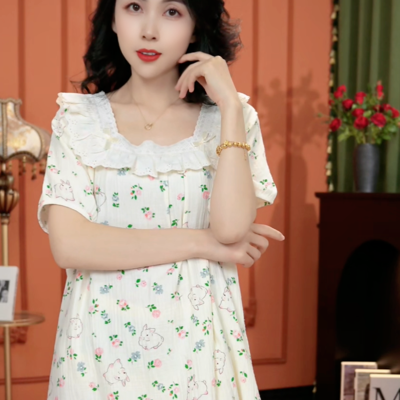 2025新款短袖粉花兔子时尚双层棉纱家居服睡衣可外穿AJJ