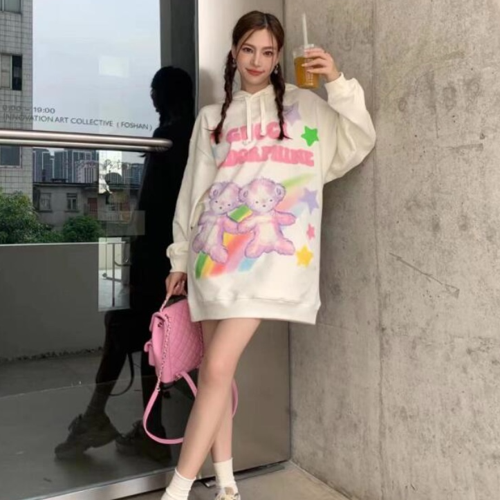 全新未使用 GUCCI/古驰 卡通字母图案印花连帽长款卫衣