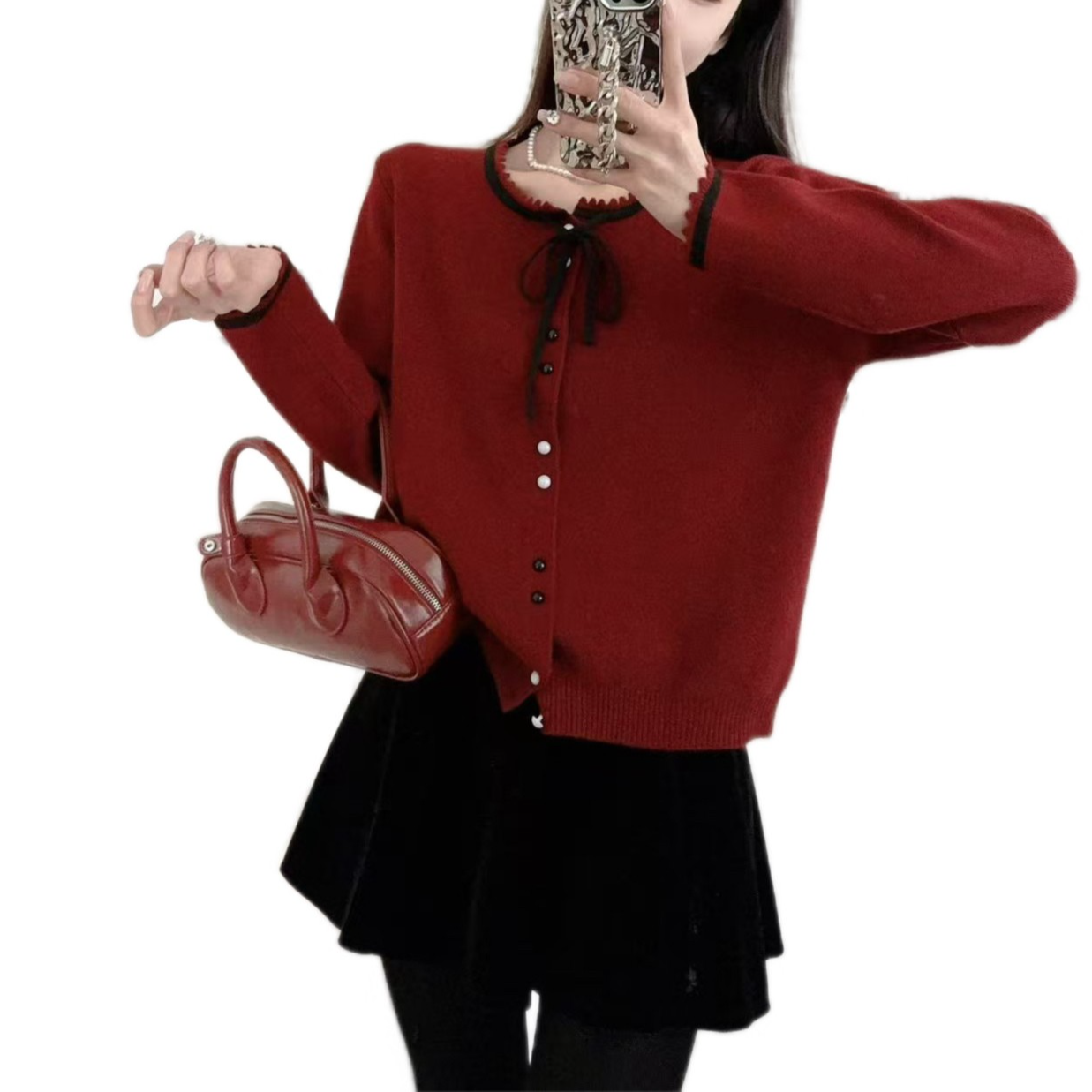 圆领双色扣蝴蝶结针织开衫女款长袖开衫洋气减龄毛衣外套