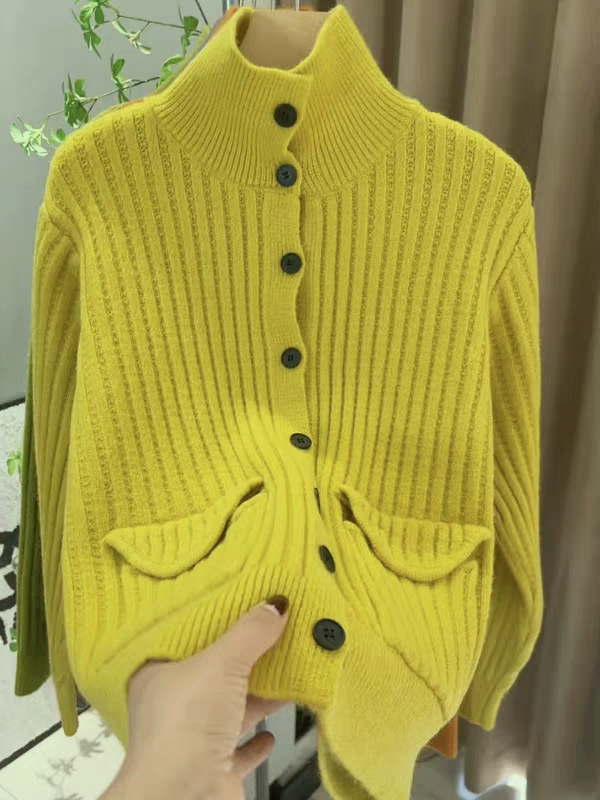 7775-CQ高领单排扣翻盖口袋针织开衫(85-135)  