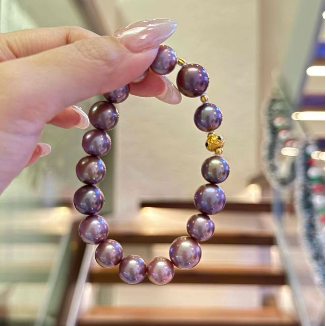 【壹芳珠宝*妖紫】天然淡水珍珠爱迪生大小珠18K镶手串10-11mm