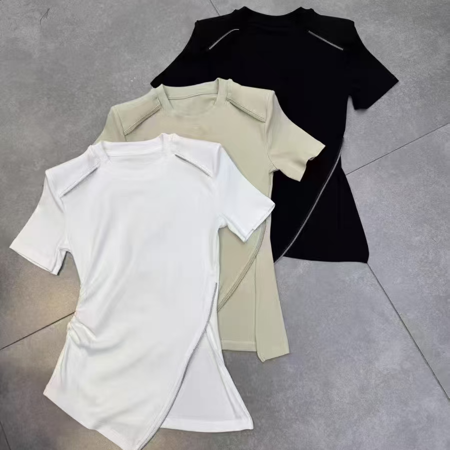 不规则拉链短袖T恤女欧货2025春装新款甜辣风修身显瘦短款上衣潮