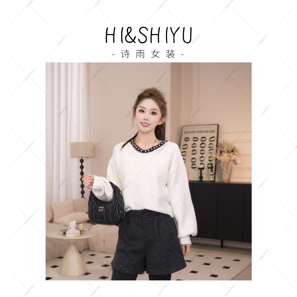 HISHIYU【温柔调性】重工圆领亮片拼接针织毛衣轻奢气质高级感上衣