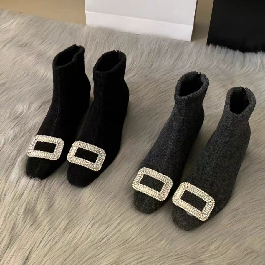 （柚子同款）JR冬季韩版方块钻尖头冬款加绒瘦瘦靴517-19