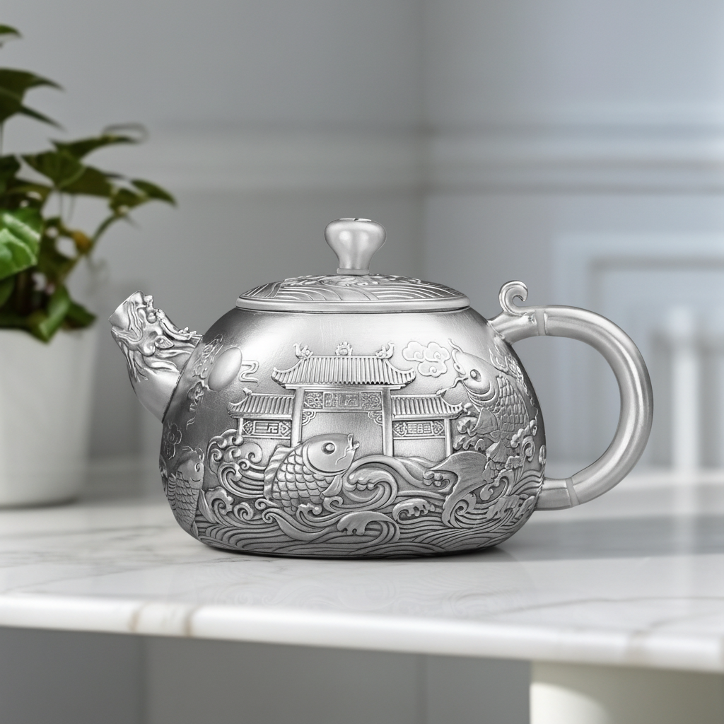 足银银制品 银茶壶足银999纯手工泡茶壶官方正品茶具套装鱼跃龙门