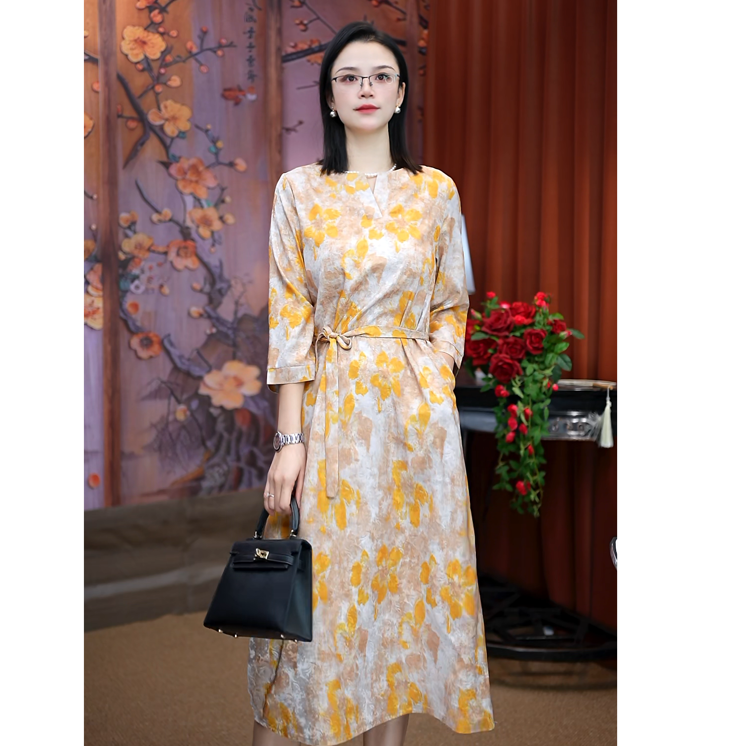 （黄花鎏金）女装夏季宽松中老年裙法式春夏国风印花显瘦长裙
