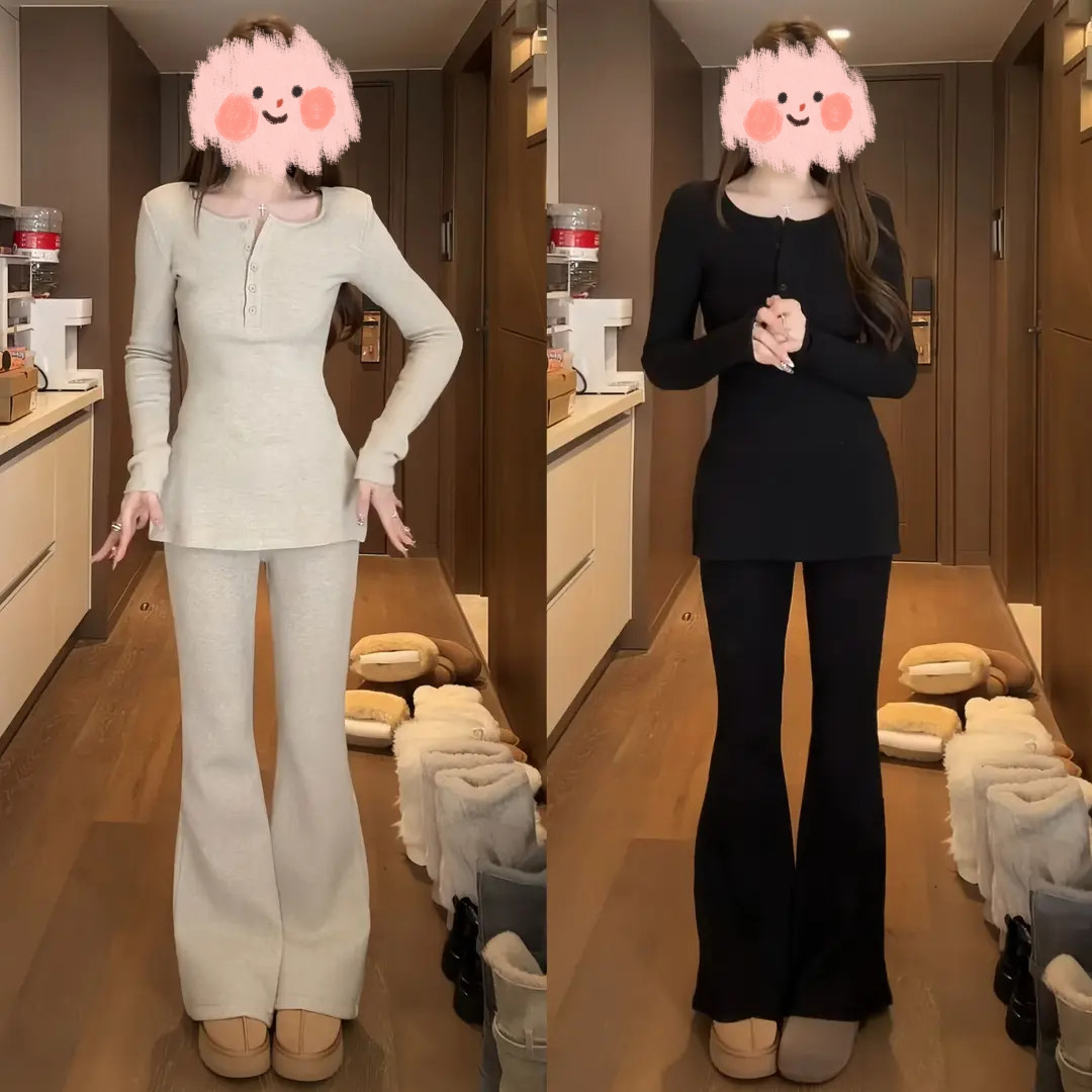 2025秋冬季新款时尚慵懒风开叉打底长袖上衣高腰显瘦微喇裤两件套