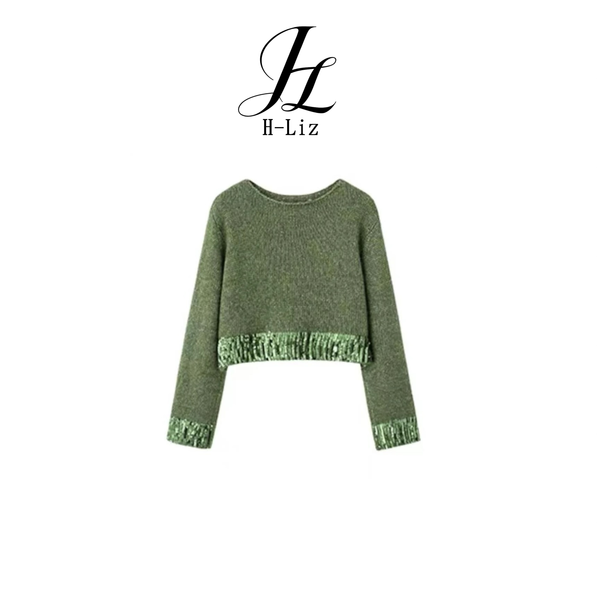 【H-Liz】时尚气质亮片拼接针织毛衣女秋季宽松洋气上衣