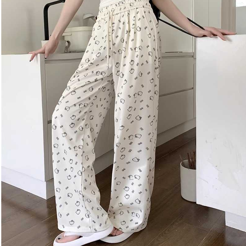 美式复古猫头运动休闲裤女2025新款宽松阔腿直筒裤高腰长裤子