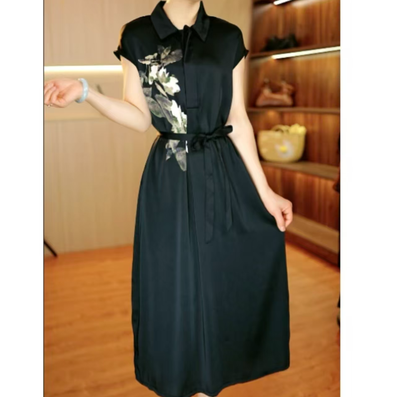 （玉兰花烫钻）简约休闲气质中长款显瘦时尚妈妈装连衣裙