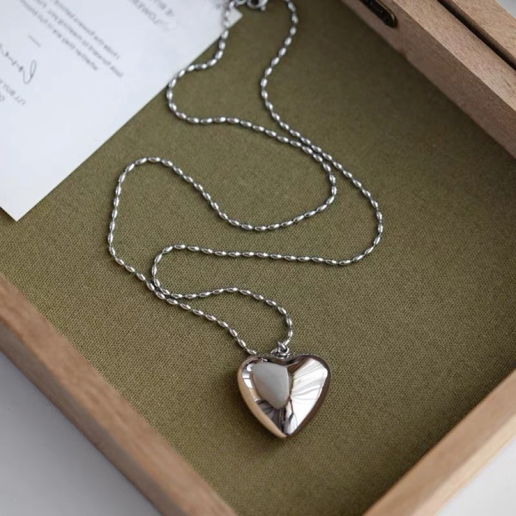 铜合金项链 复古爱心吊坠项链百搭时尚光面银色长款毛衣项链C0096