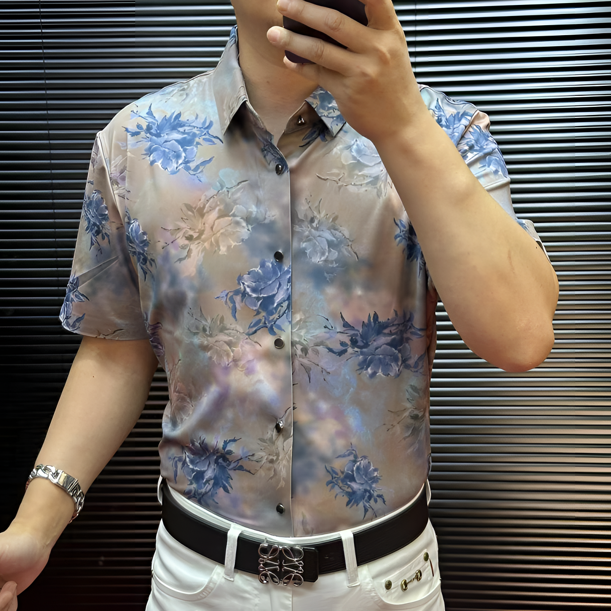 FLD甄选冰丝无缝免烫高弹力高品质蓝紫色休闲短袖衬衫2503237