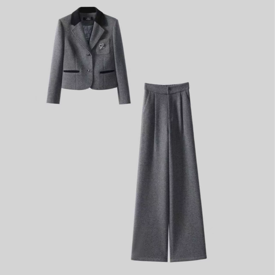 6685秋冬新款斜纹重工时尚显瘦西装套装设计感西服阔腿裤套装