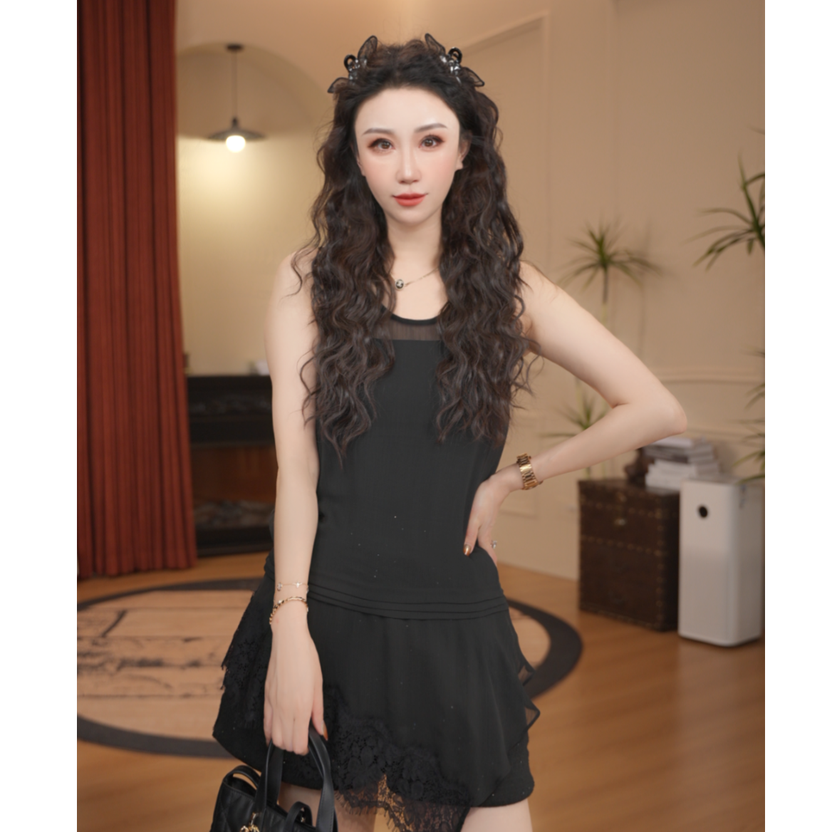 JR·雪姐·夜纱迷梦-91396 高级感纯色蕾丝不规则百搭无袖背心吊带