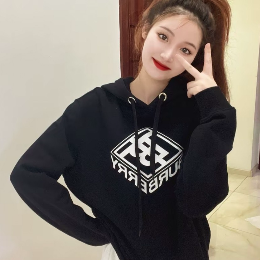 99新 BURBERRY/博柏利 DM0411 黑色立体印花连帽抽绳长袖卫衣 S码