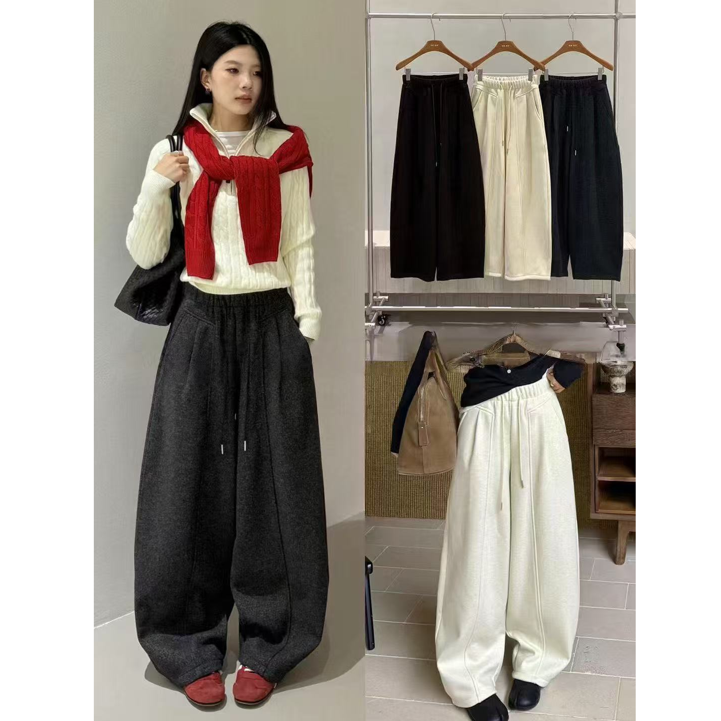 【LUO STUDIO】毛呢加绒弯刀裤女2025冬新休闲加厚宽松显瘦阔腿裤BJ