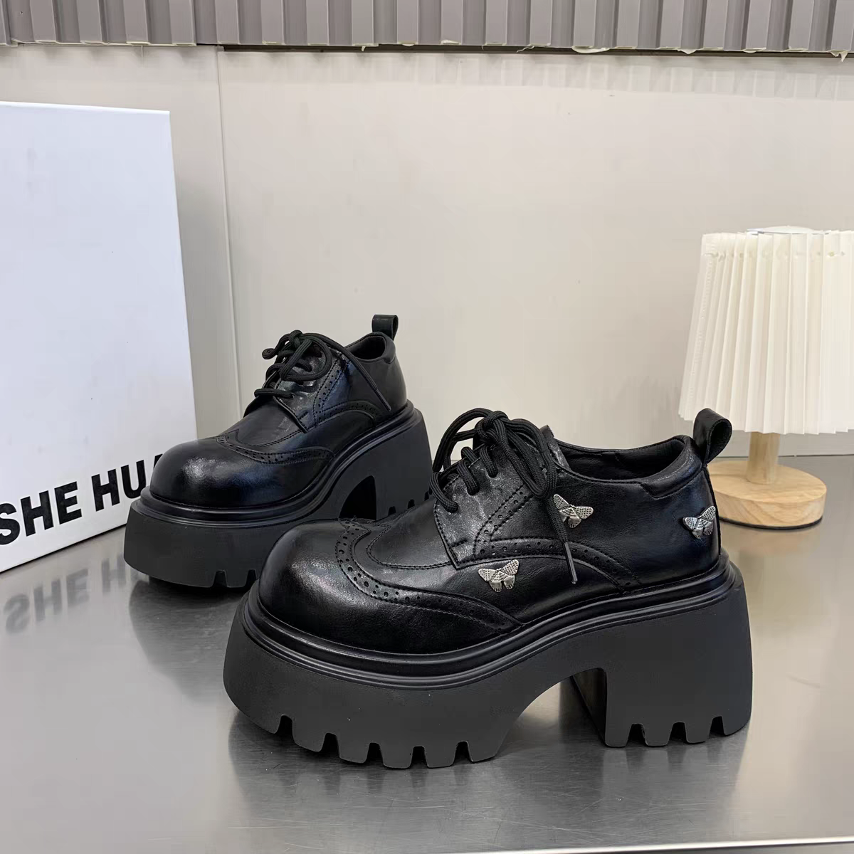 MSDD黑色女纯色春季松糕底松糕鞋系带圆头编织深口厚底春季皮鞋