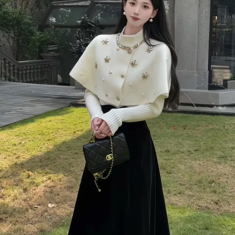 巨好看秋装一整套韩式斗篷毛衣内搭打底针织衫半裙两件套