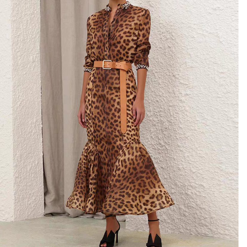 新款复古豹纹图案拼接半裙套装显瘦时尚设计师优雅气质名媛长款