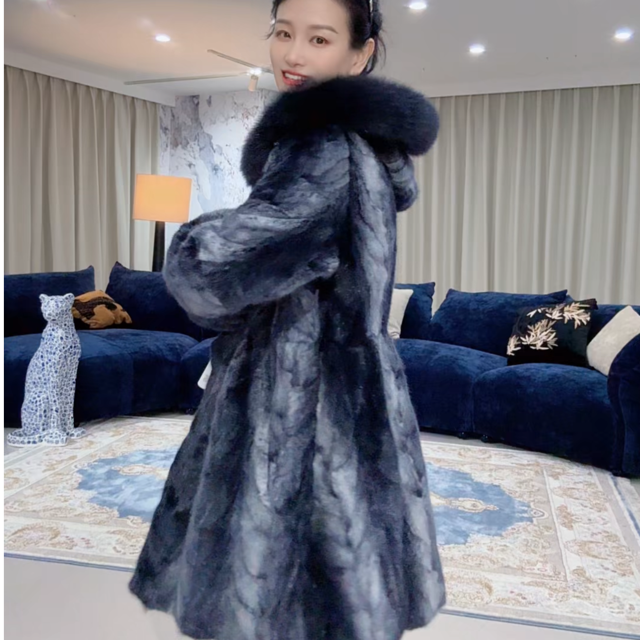 貂皮鹅绒两面穿带帽修身外套鹅绒狐狸毛中长加厚裘皮显瘦大衣女