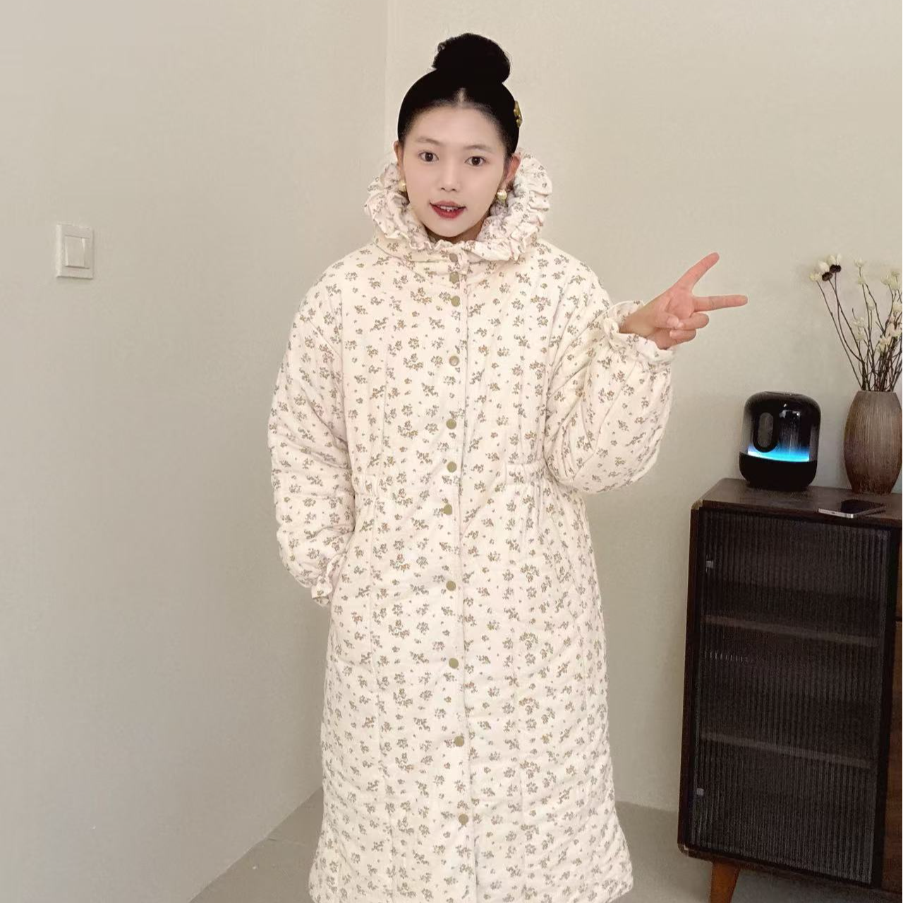 【暖色小花】300g新疆棉收腰花边帽大长款宽松家居服女保暖棉衣棉服