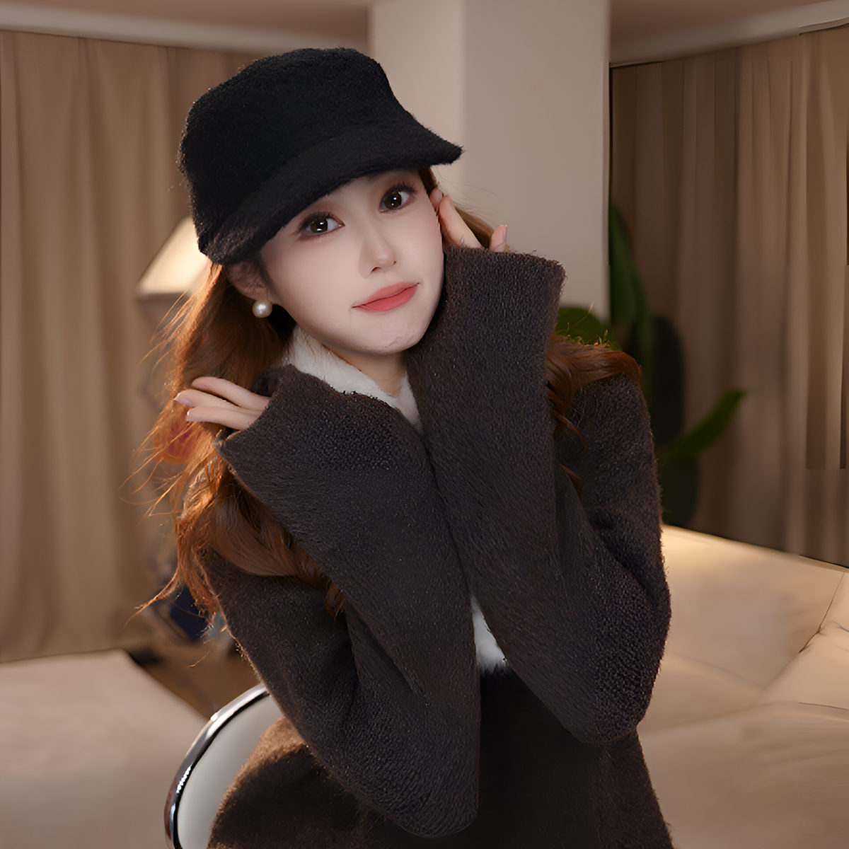 达芬奇密码新款秋冬氛围感粗呢鸭舌帽复古百搭时尚帽韩版帽子