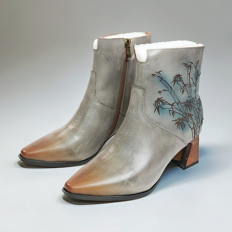 竹节真皮尖头高跟粗跟女靴牛皮侧拉链复古女靴优雅短靴子民族风