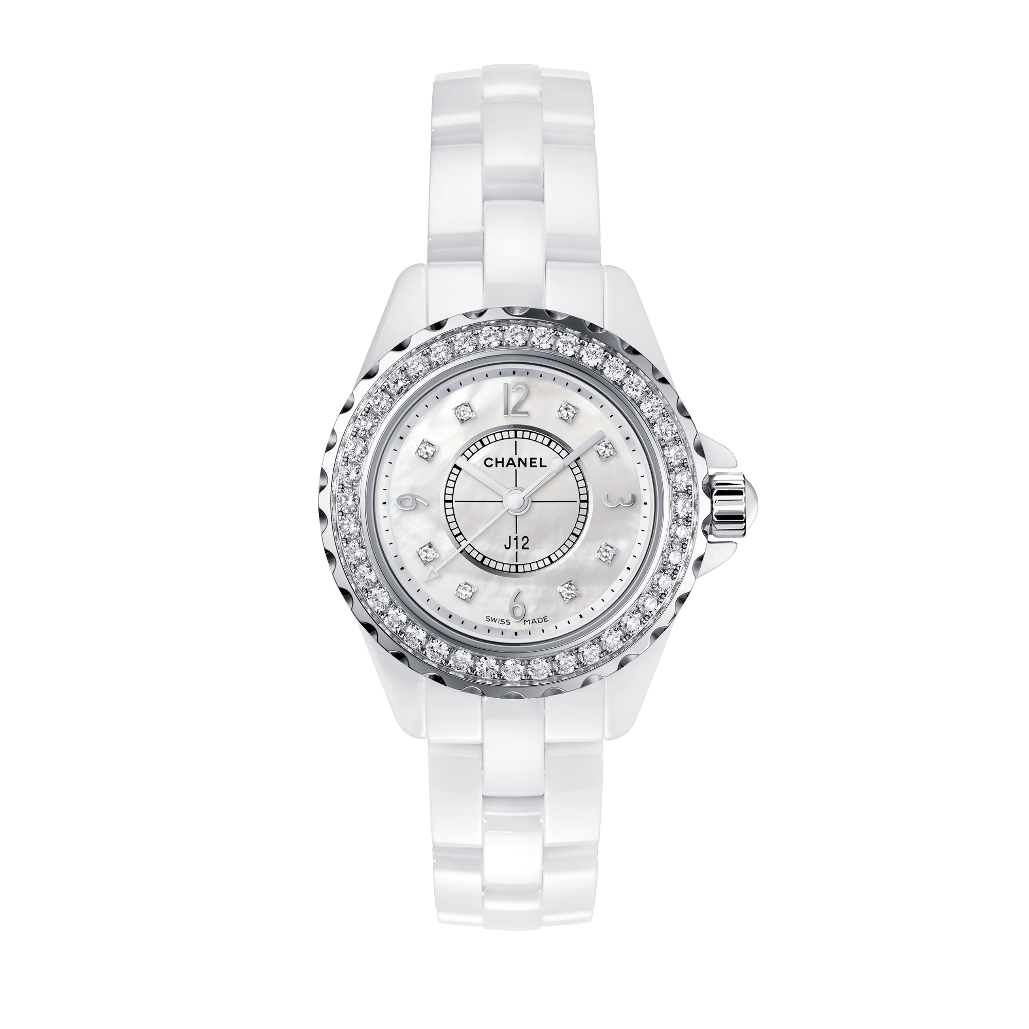 95新 Chanel/香奈儿 J12/贝母盘/29mm/石英/女表/白陶瓷原镶钻
