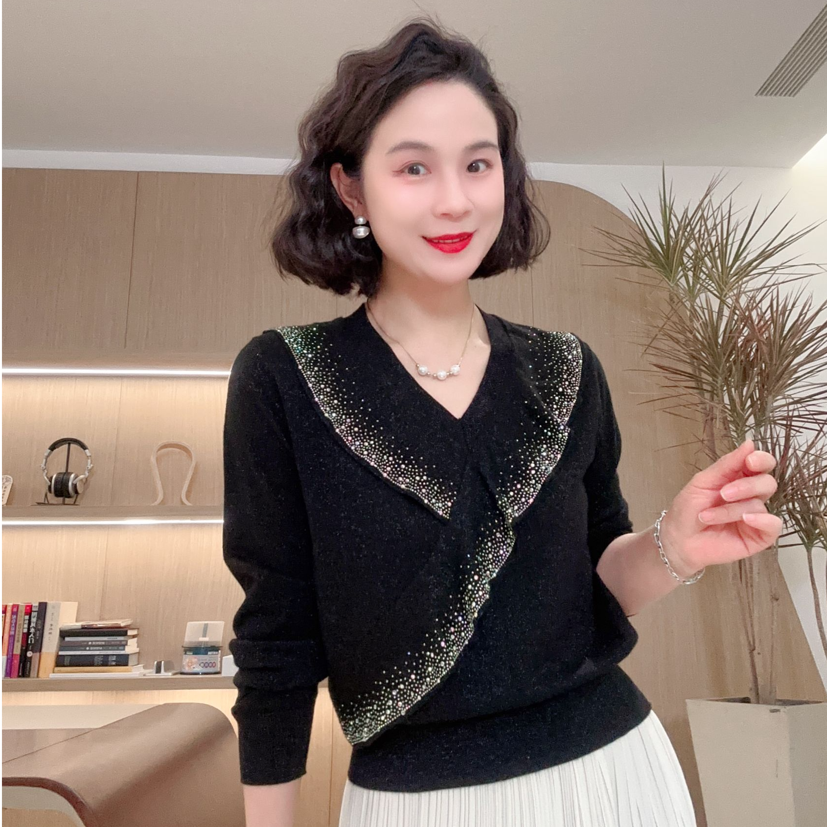 长袖V领斜边春日新款针织衫上衣#DQ7062