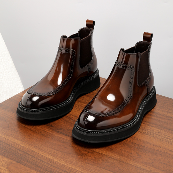 切尔西男靴真皮英伦风亮面高帮商务皮靴厚底布洛克雕花短靴子冬季