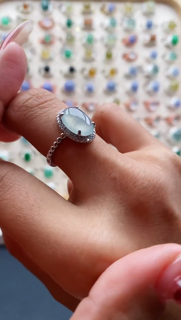 【闪购商品】翡翠戒指银S925镶嵌缅甸天然A货翡翠111 9+3