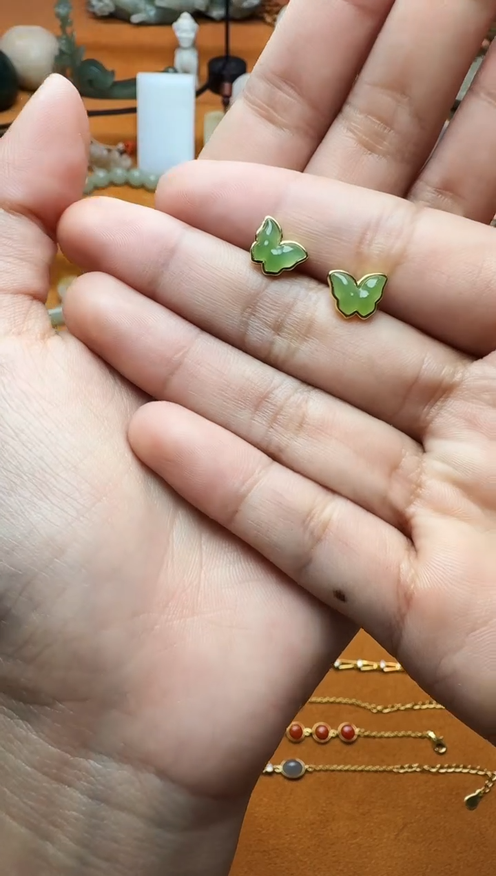 【闪购商品】和田玉耳饰银S925镶嵌03蝴蝶耳钉