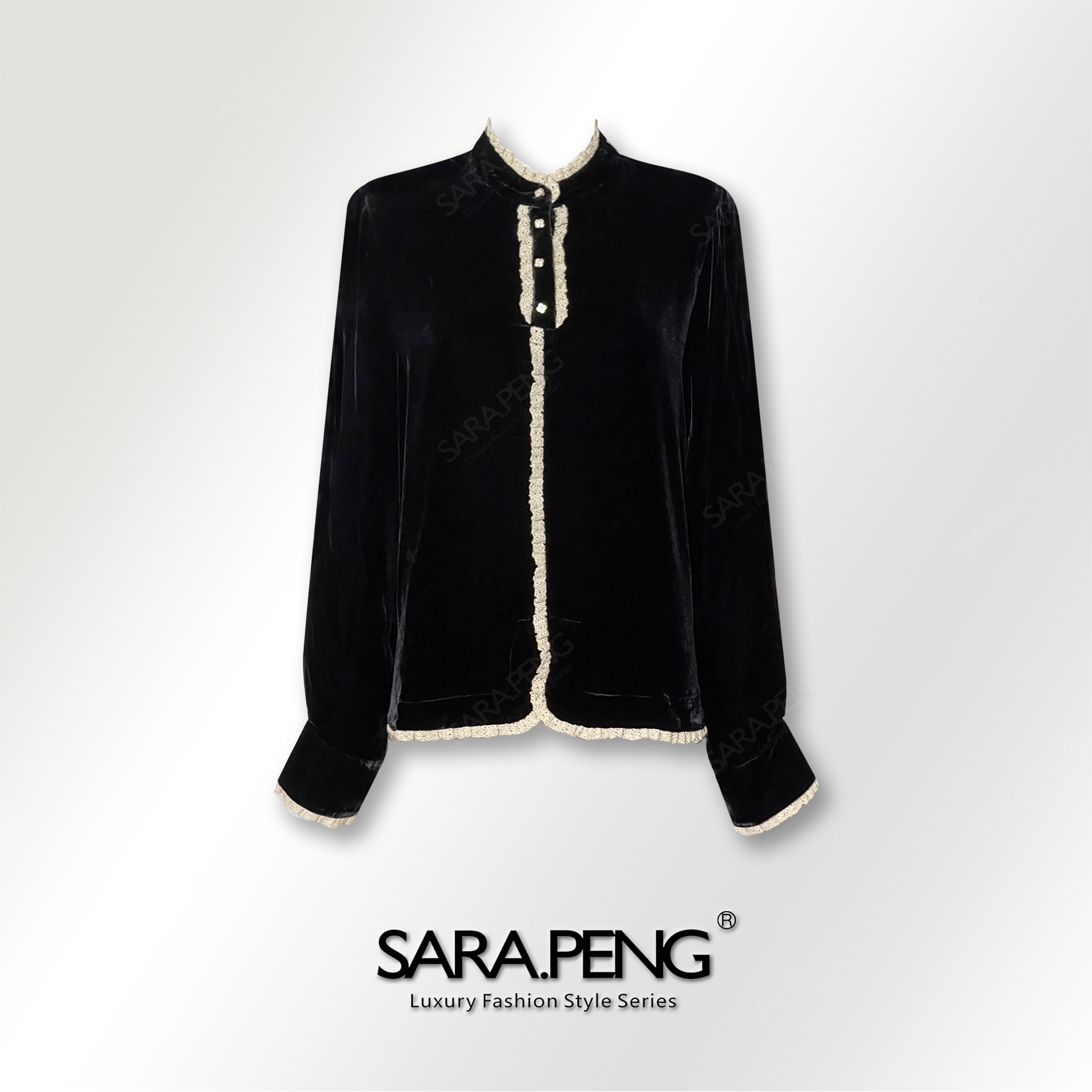  SARA.PENG雍容尔雅/法式金丝边钻扣桑蚕丝丝绒奢华百搭气质上衣
