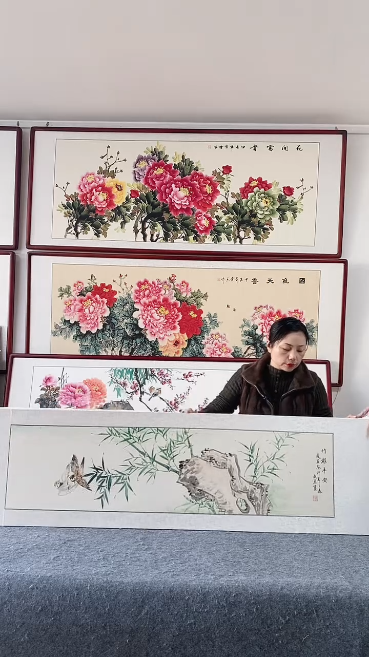 国画纯手绘国画165*50带框装饰挂画