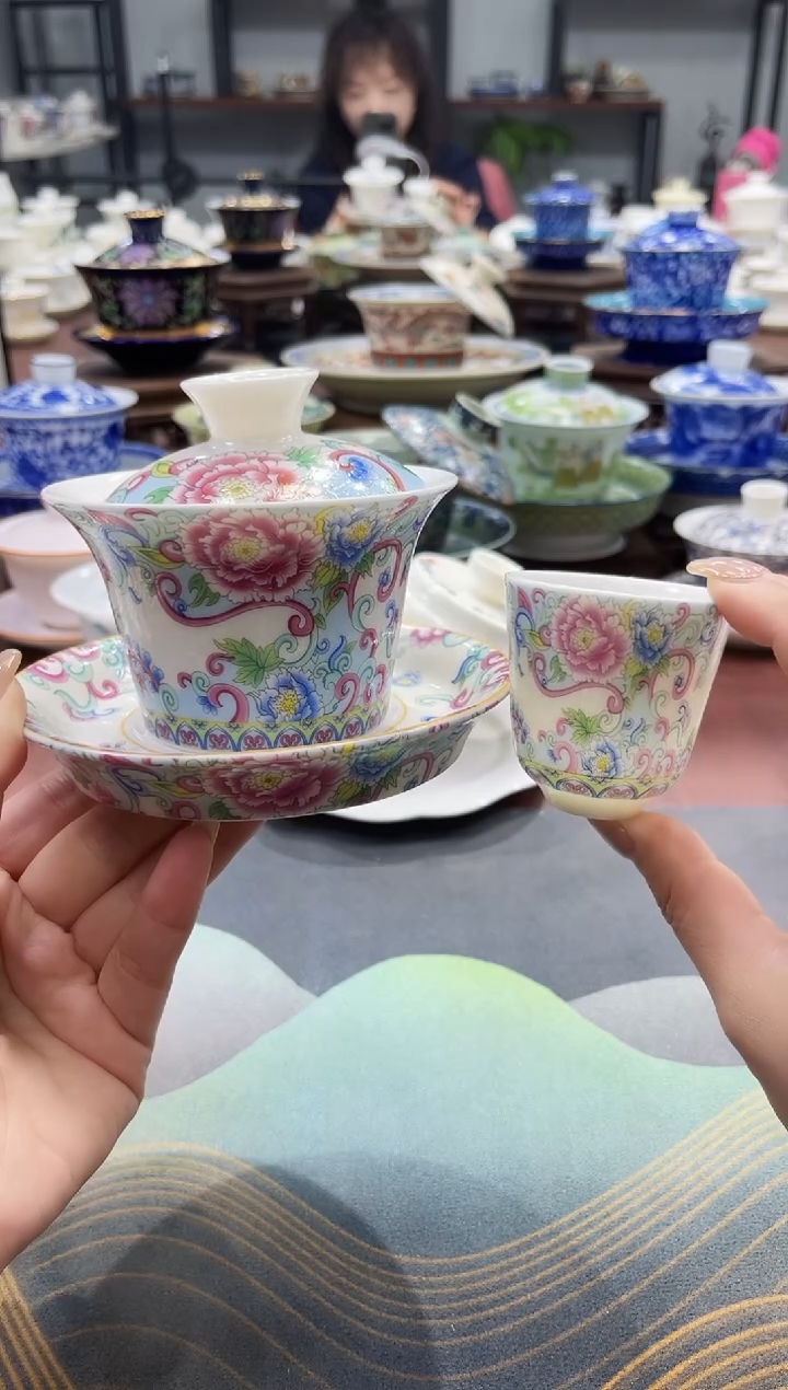 【闪购商品】掐银牡丹珐琅彩盖碗+1杯