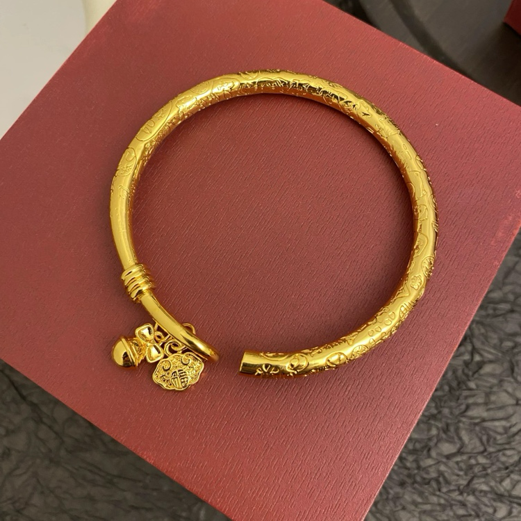 铜合金手镯 实心吉言铃铛福牌开口手镯女款时尚复古民族风