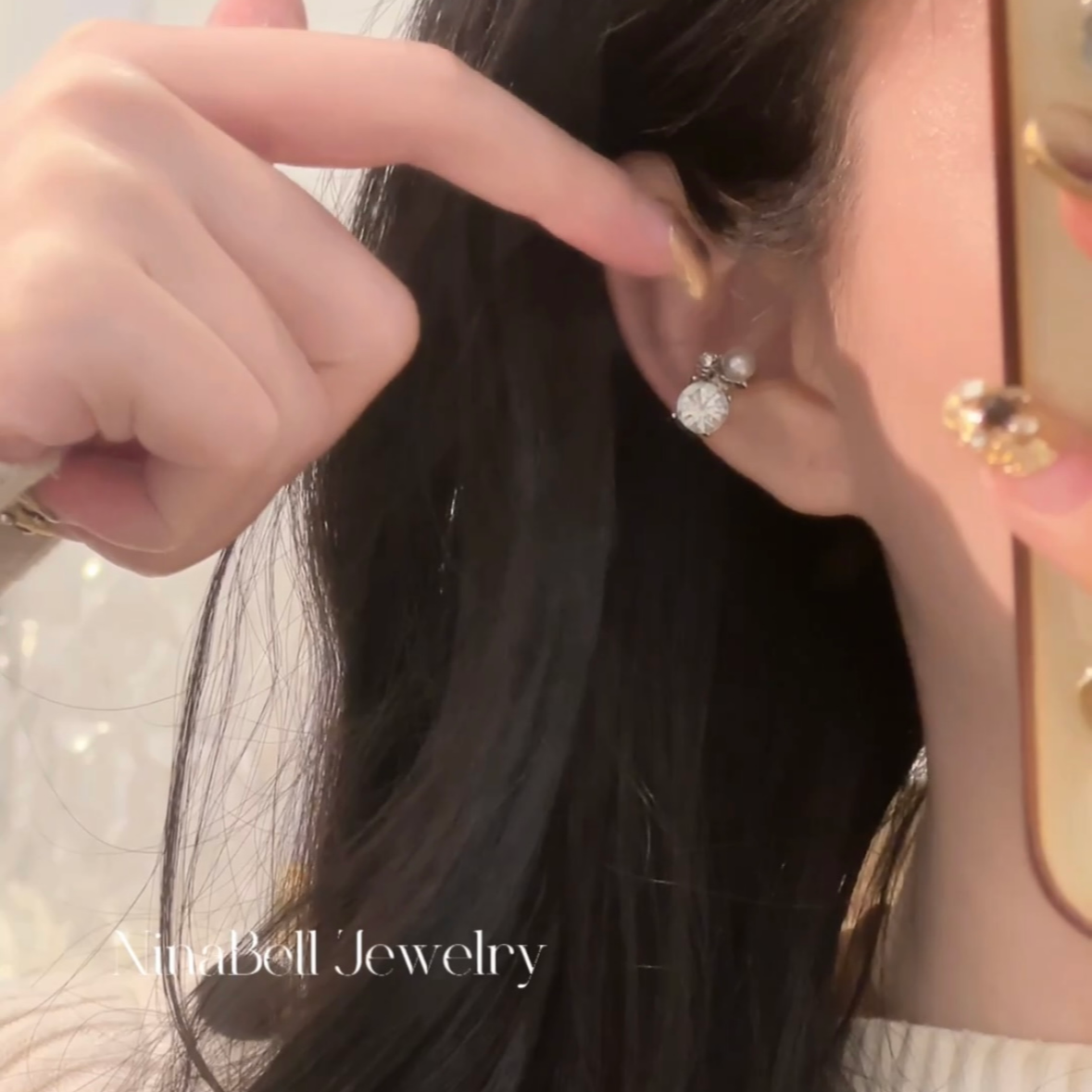 铜合金仿珍珠耳饰 小灯泡爆闪锆石耳骨夹无痛耳夹方圆脸耳饰