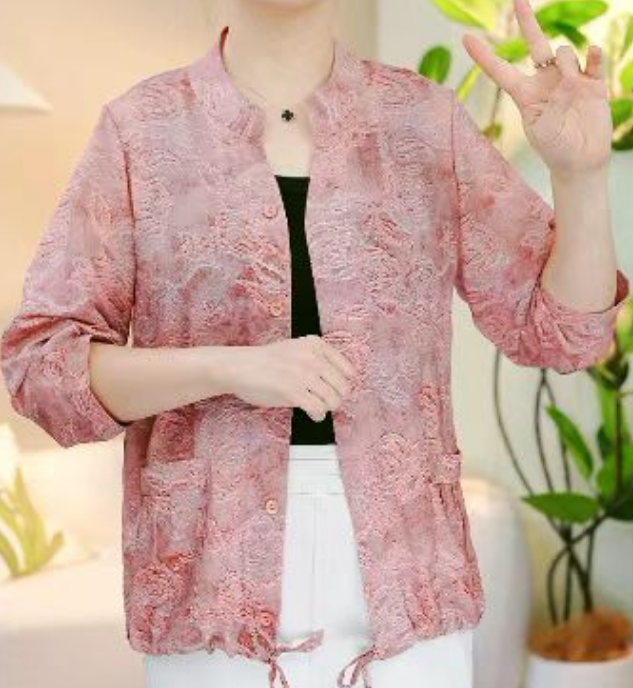 夏季女士七分袖圆领百搭简约印花显瘦减龄轻薄小外套