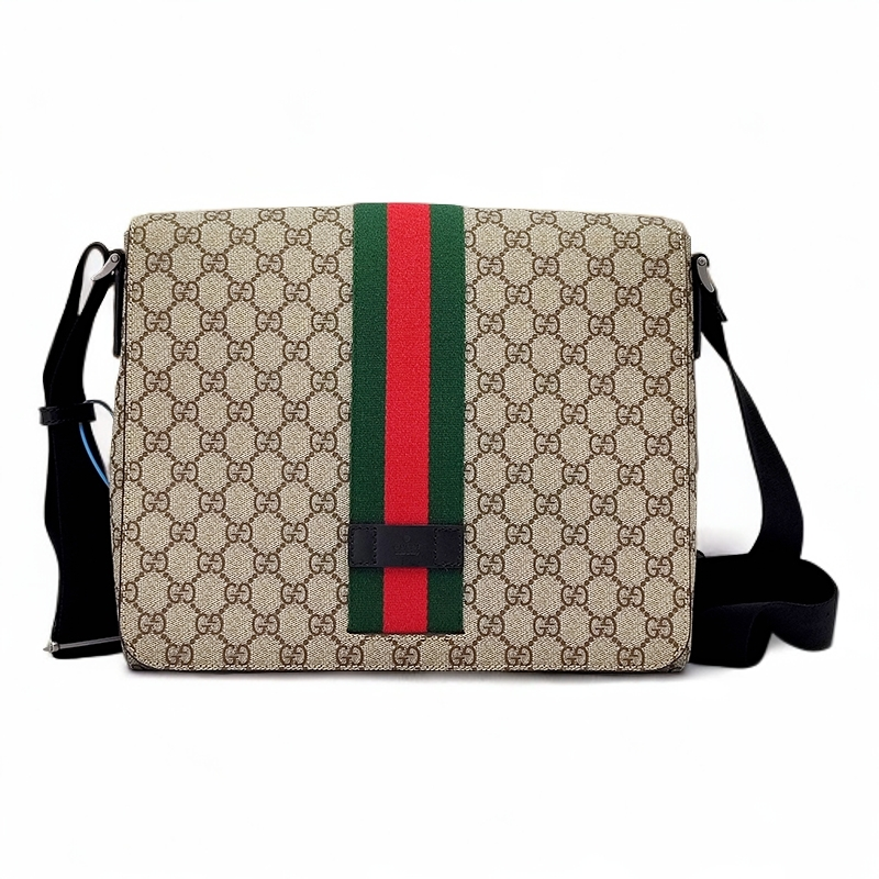 95新 GUCCI/古驰 男士邮差包双g红绿条纹单肩斜挎包