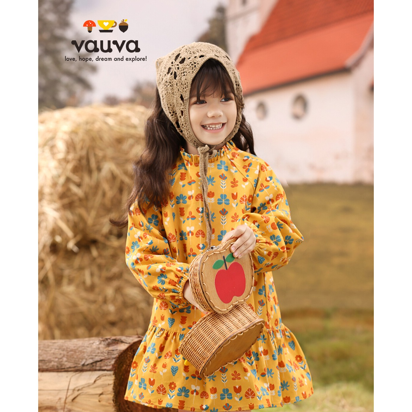 VAUVA【香港专柜】女童洋气满印金黄色连衣裙