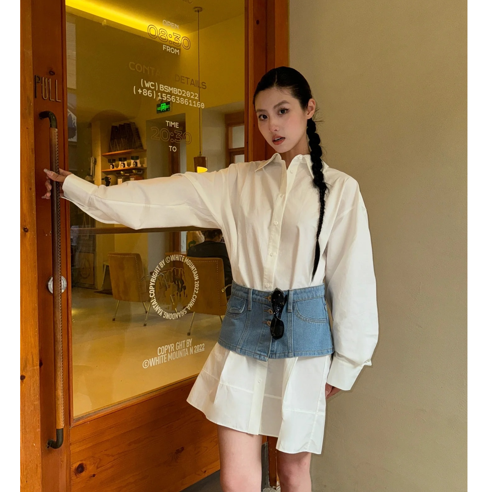 U.T-蓝色牛仔腰封长款衬衫连衣裙L062