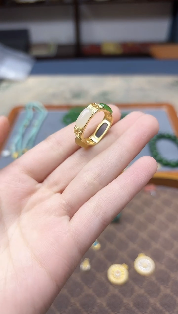 银S925镶嵌戒指和田玉s925银和田玉戒指15-16#QC