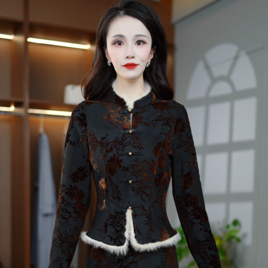 新中式复古国风盘扣收腰气质显瘦加厚套装两件套M-4XL