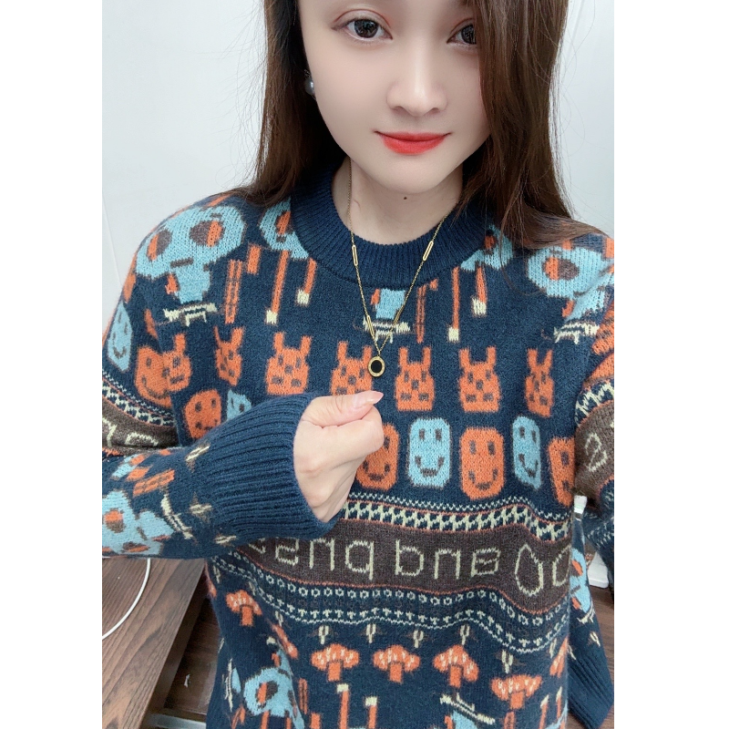 春秋2025年新款时尚百搭圆领毛衣女宽松卡通风内搭打底衫针织上衣